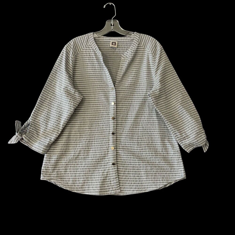 ANNE KLEIN Women's Gray & White Striped knotted Sleeves Blouse Top SZ/L